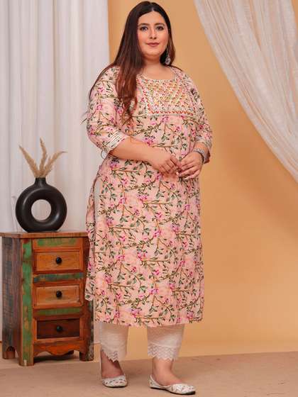LABULY Plus Size Floral Printed Sequinned Straight Kurta