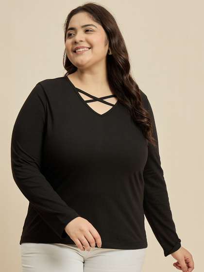 CURVY STREET Women
                        Solid V-Neck Cotton Plus Size T-shirt