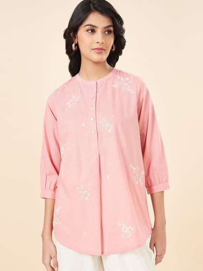 AKKRITI BY PANTALOONS Women Cotton Mandarin Collar Embroidered Tunic