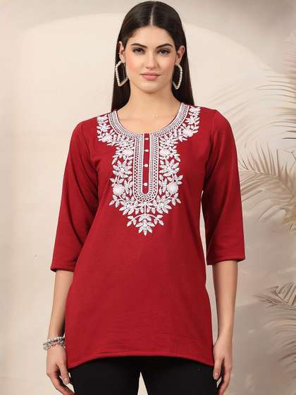 Clora Creation Floral Embroidered Woollen Straight Kurti