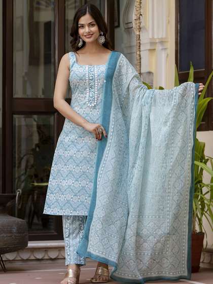 Anouk Rustic Blue Floral Printed Square Neck Pure Cotton Straight Kurta With Trousers & Dupatta
