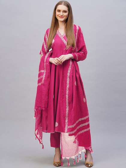 GoSriKi V-Neck Ethnic Motifs Printed Anarkali Kurta with Trouser & Dupatta