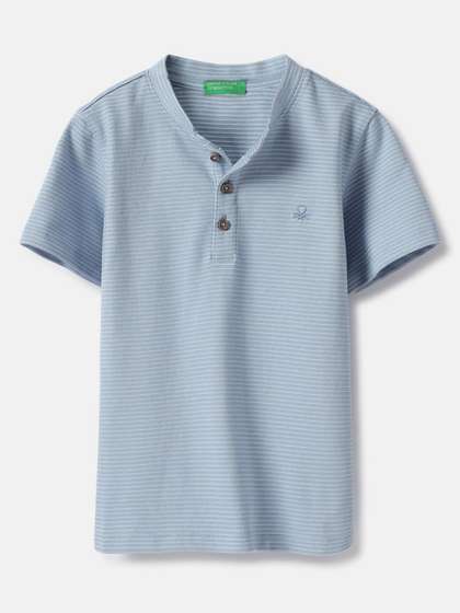 United Colors of Benetton Boys Striped Henley Neck Pure Cotton T-shirt