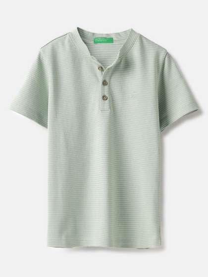 United Colors of Benetton Boys Striped Henley Neck Pure Cotton T-shirt
