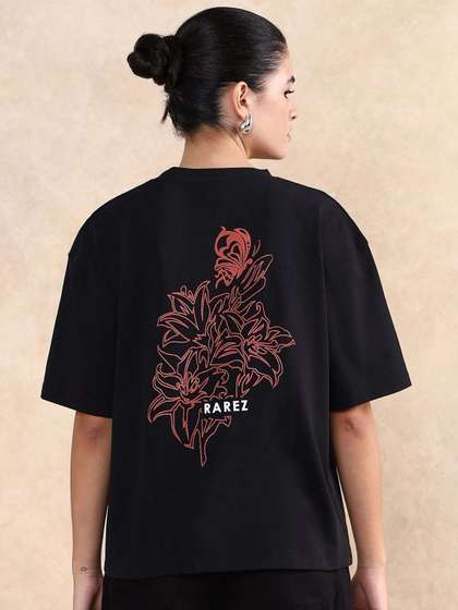 RAREISM Women Black
                        Graphic Print Oversized Fit Half Sleeve Crew
                        Neck T-Shirt