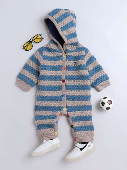 Yellow Apple Kids
                      Striped Long Sleeve Hooded Winter Rompers