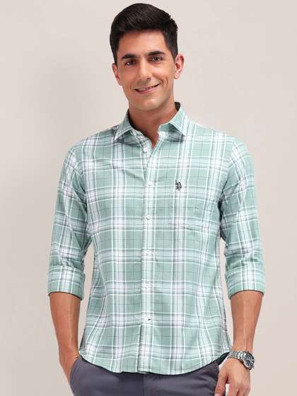U.S. Polo Assn. Men Cutaway Collar Tartan Checked Cotton Tailored Fit Casual Shirt