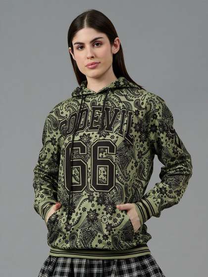 GO DEVIL Women
                          Alphanumeric Printed Hooded Sweatshirt