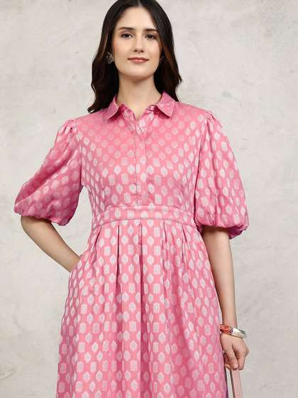 Vishudh Ethnic
                        Motifs Cotton Puff Sleeve Shirt Midi Dress