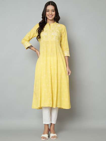 Anouk Yellow and White Floral Embroidered Thread Work Straight Cotton Kurta