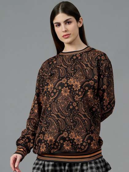GO DEVIL Women
                          Ethnic Motifs Printed Woollen Oversized Round
                          Neck Long Sleeves Sweatshirt