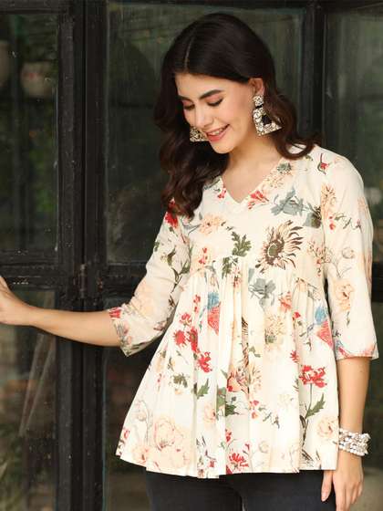 NISHABD Women Floral Printed Pure Cotton Top
