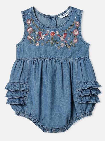 Nauti Nati Girl Floral
                    Embroidered Denim Sleeveless Romper-Style Dress
