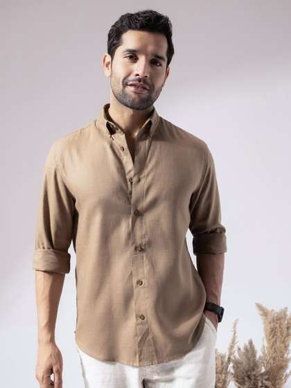 Perch Men Brown
                        Linen Cotton Button down solid Shirt