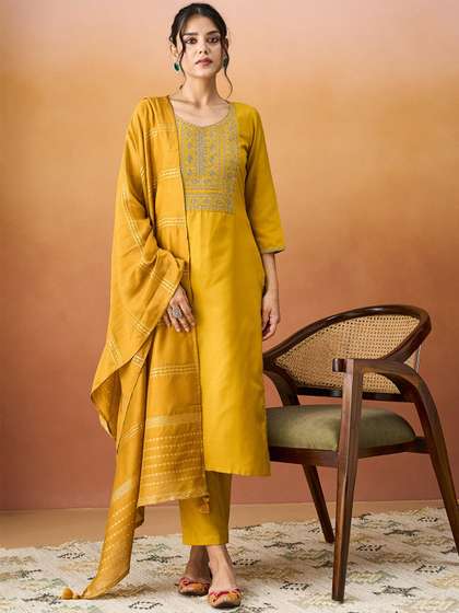 KALINI Ethnic Motifs
                        Yoke Design Thread Work Straight Kurta With
                        Trousers & Dupatta
