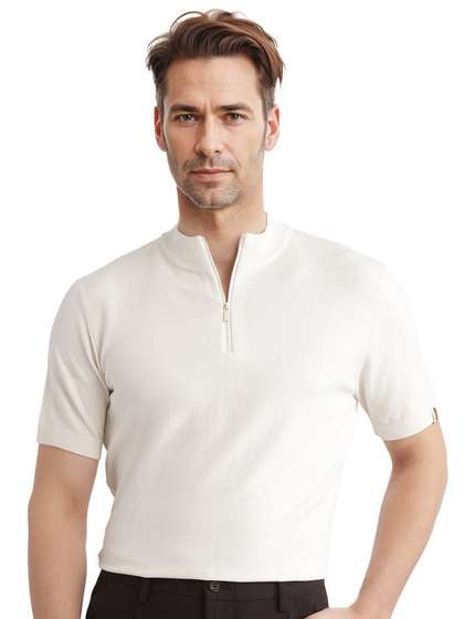 RARE RABBIT Men Plain High Neck Half Sleeve Viscose Regular Fit Polo T-Shirt