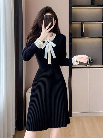 StyleCast x Revolte Women Embellished Bow Detailed Accordion Pleated Fit & Flare Dress