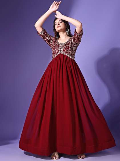 KALINI Floral
                        Embroidered Thread Work Georgette Fit and Flare
                        Ethnic Dress
