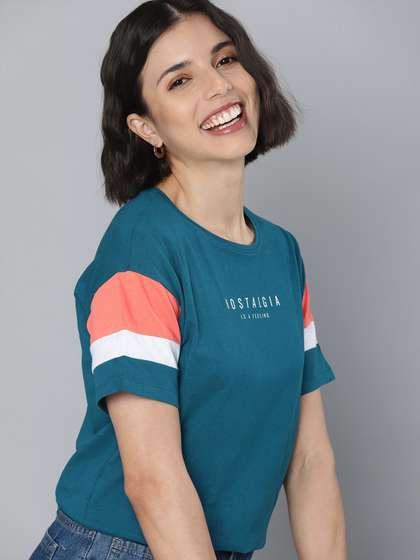 Mast & Harbour
                        Women Teal Blue Typography Printed Cotton
                        T-shirt