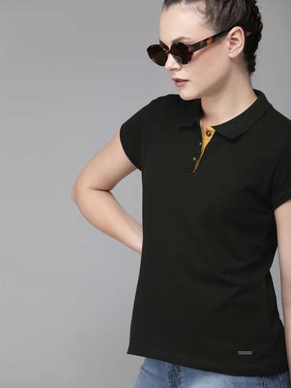 Roadster Women Black
                        Solid Polo Collar Cotton T-shirt
