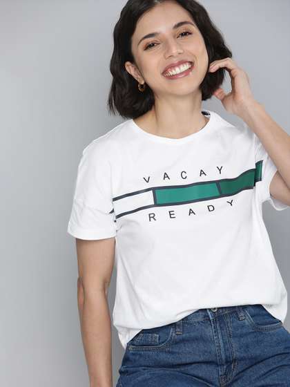 Mast & Harbour
                        Women White & Green Typography Printed Pure
                        Cotton Applique T-shirt