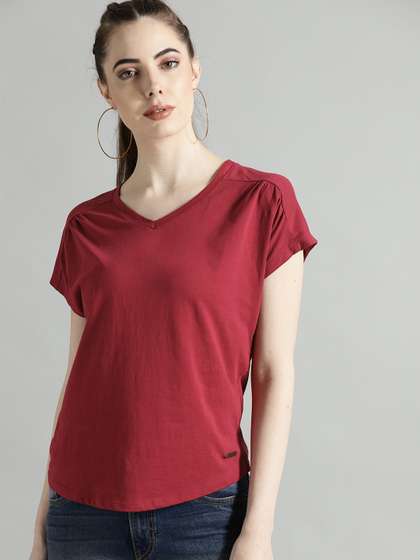 Roadster Women Red
                      Gathered Cotton Relaxed Fit T-Shirt