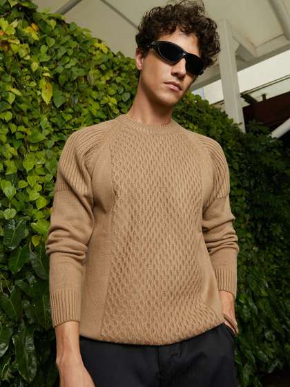 Campus Sutra Men
                        Camel Hive-Knit Pullover Sweater