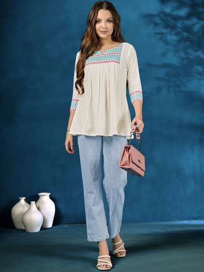 Anouk Off White Floral Embroidered Notch Neck Pure Cotton A-Line Short Kurta