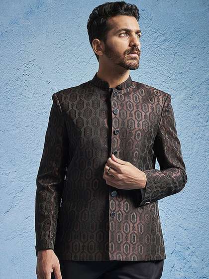 VASTRAMAY Self
                        Design Mandarin Collar Slim Fit Bandhgala
                        Blazers