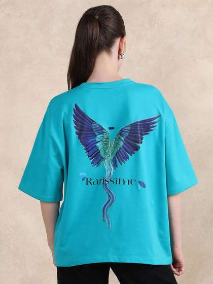 RAREISM Women Teal
                        Graphic Print Oversized Fit Half Sleeve Crew
                        Neck T-Shirt