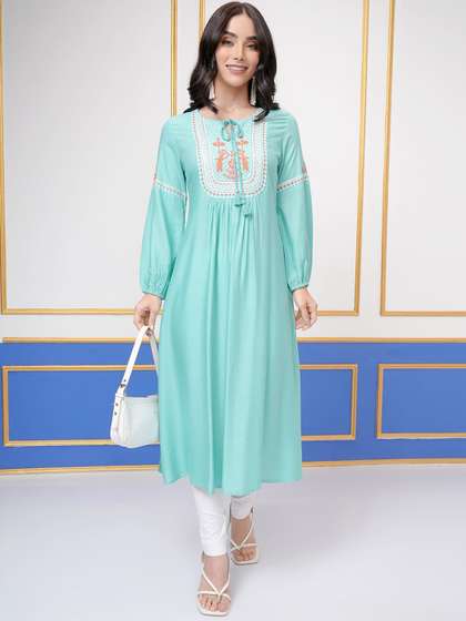 Vishudh Turquoise Blue Floral Embroidered Tie-Up Neck Thread Work A-Line Kurta