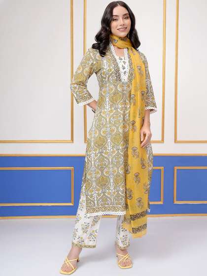 Vishudh Floral Printed V-Neck Regular Pure Cotton Kurta With Trouser With Dupatta