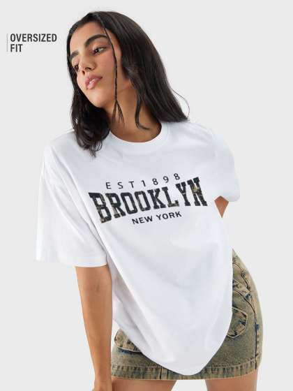 REVEXO Women Typography Printed Round Neck Cotton Oversized T-shirt