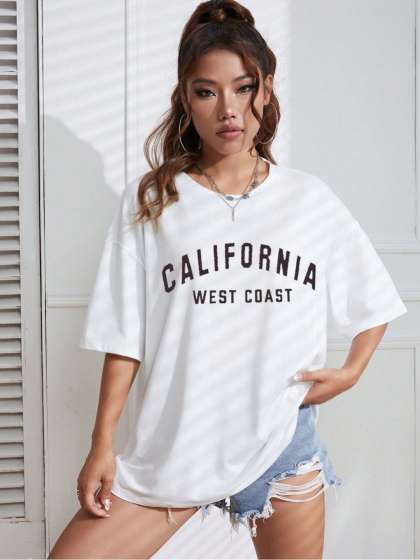 REVEXO Women Typography Printed Round Neck Cotton Oversized T-shirt