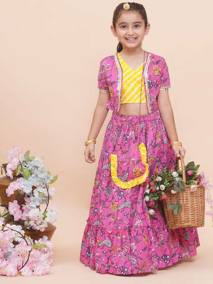 Modish Couture
                          Girls Embellished Cotton Ready to Wear Lehenga
                          & Blouse With Jacket & Purse