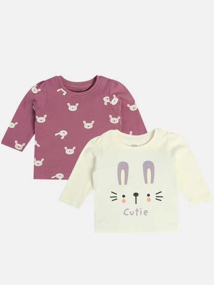 MINI KLUB Girls Pack Of
                    2 Conversational Printed Round Neck Cotton Tops