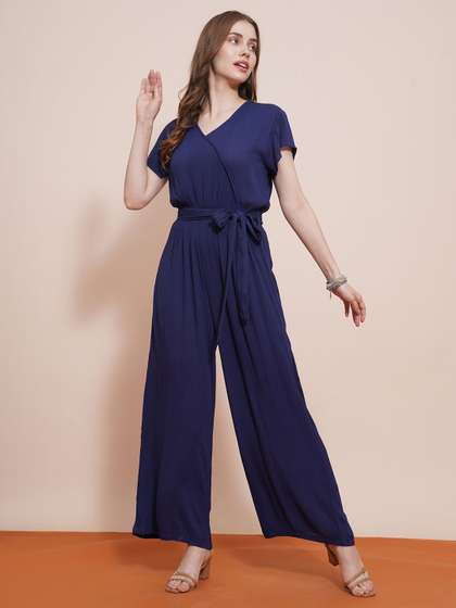 Globus Wrap Neck Cap
                        Sleeves Waist Tie-Up Wide-Leg Jumpsuit