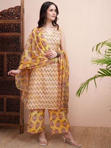 Vishudh Yellow Floral Printed Pure Cotton Straight Kurta with Palazzos & With Dupatta