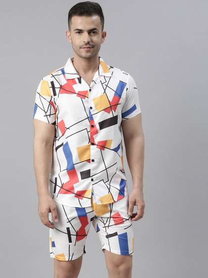 Bushirt Geometric
                        Printed Cuban Collar Shirt With Shorts