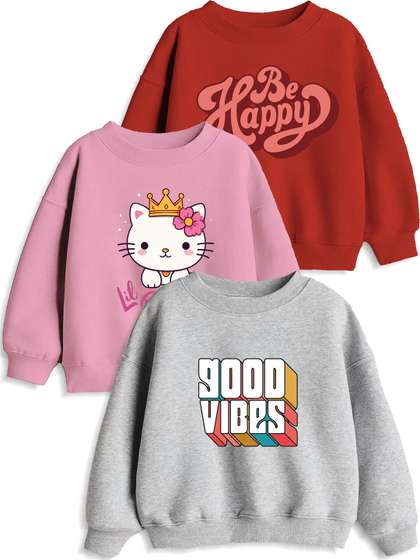 Minicult Unisex Kids
                    Pack Of 3 Typography Printed Round Neck Cotton
                    Pullover Sweatshirts