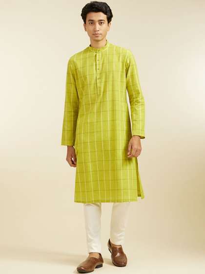 Diwas by Manyavar Checked Mandarin Collar Cotton Straight Kurta