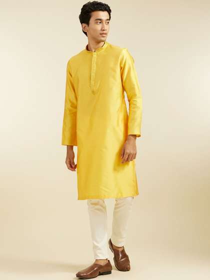 Diwas by Manyavar Floral Woven Design Mandarin Collar Thread Work Art Silk Straight Kurta