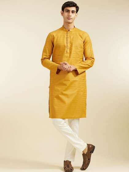 Diwas by Manyavar Geometric Woven Design Mandarin Collar Pure Cotton Straight Kurta