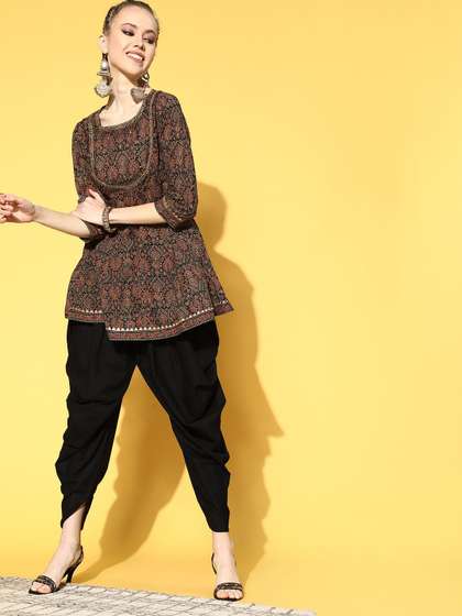 indo street Women Ethnic Motifs Printed Regular Gotta Patti Pure Cotton Kurti with Dhoti Pants
