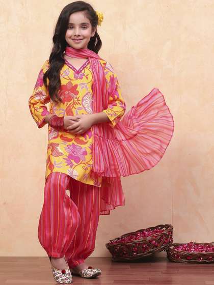 Biba Girls Floral
                    Printed V-Neck Straight Kurta with Salwar &
                    Dupatta