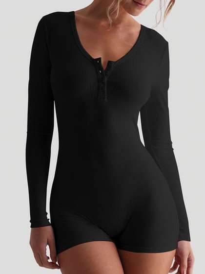 LULU & SKY Women
                        Half Placket V-Neck Rib-knit Playsuit