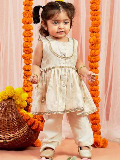 VASTRAMAY Girls Ethnic
                    Motifs Woven Design Beaded Jacquard Anarkali Kurta
                    With Trousers