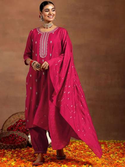 Gerua By Libas Ethnic Motifs Embroidered Sequinned Straight Kurta With Salwar & Dupatta