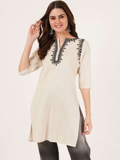 Brownverse Embroidered Notch Neck Thread Work Cotton A-Line Short Kurti