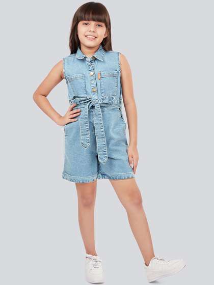 Olele Girls Shirt Collar
                    Bright White Cotton Denim Romper